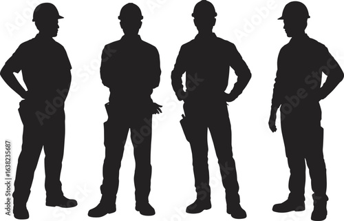Construction worker silhouettes, hard hats, industrial labor, safety gear, work attire, standing poses, black vector design, job site clipart, isolated icons, professional workers.