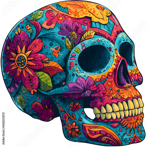 A vibrant sugar skull (calavera) in profile, adorned with a profusion of colorful flowers and intricate patterns. This festive illustration celebrates the Day of the Dead.