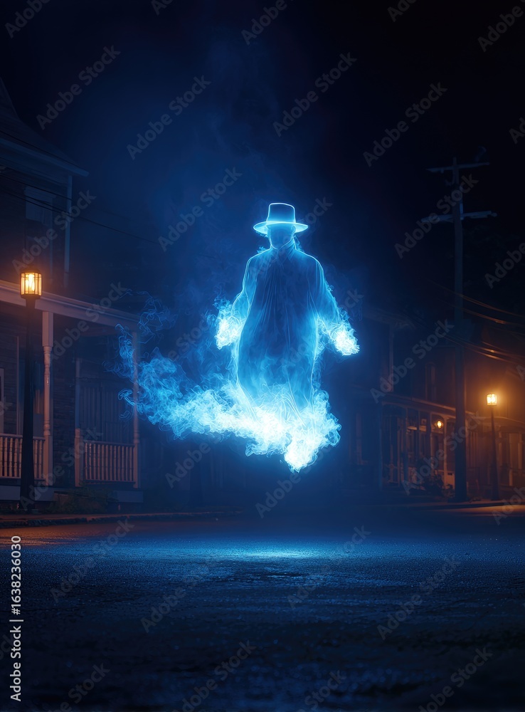 Fototapeta premium Ethereal blue spectral figure, hatted and coat-clad, floats above a dimly lit nighttime street, emanating a smoky luminescence