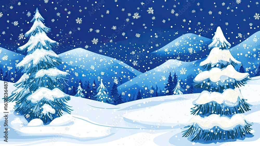 Fototapeta premium Snowy mountain landscape at night, snowflakes falling