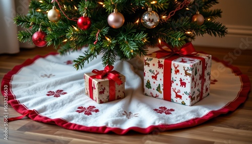 Wallpaper Mural christmas tree skirt and wrapped gift, no people, no text, no logo Torontodigital.ca