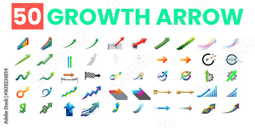 Collection of 50 growth arrows isolated on white background representing progress and success in business and finance