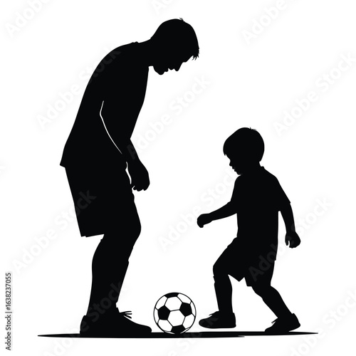 Father and son playing soccer silhouette vector illustration promoting family bonding and healthy lifestyle featuring teamwork and fatherhood moments for advertising and marketing campaigns