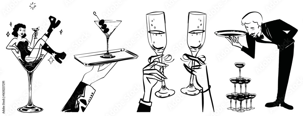 Obraz premium hand drawn vector illustration party, event ,butler, Waiter, Restaurant, champagne Drink Celebrate Invitation card Vintage line art