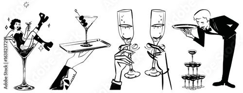 hand drawn vector illustration party, event ,butler, Waiter, Restaurant, champagne Drink Celebrate Invitation card Vintage line art
