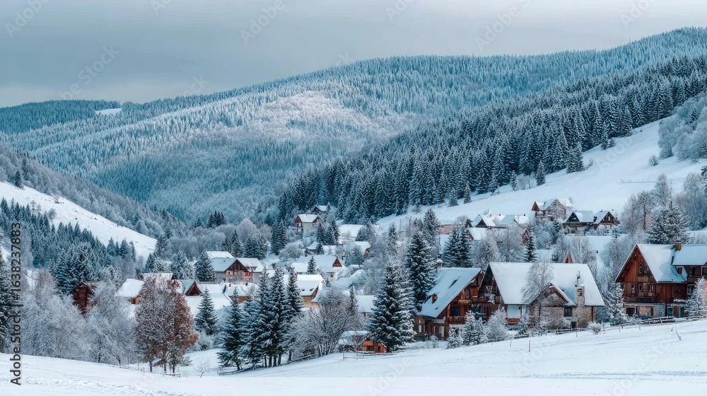 Fototapeta premium Peaceful snow village scene in the valley under a cloudy winter sky with fresh snow on the ground