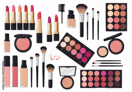 An assortment of makeup products including lipsticks, eyeshadow palettes, brushes, foundation, and blush arranged on a white background.