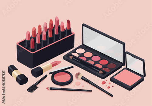 Isometric illustration of various makeup products, including lipsticks, eyeshadow palettes, and blush.