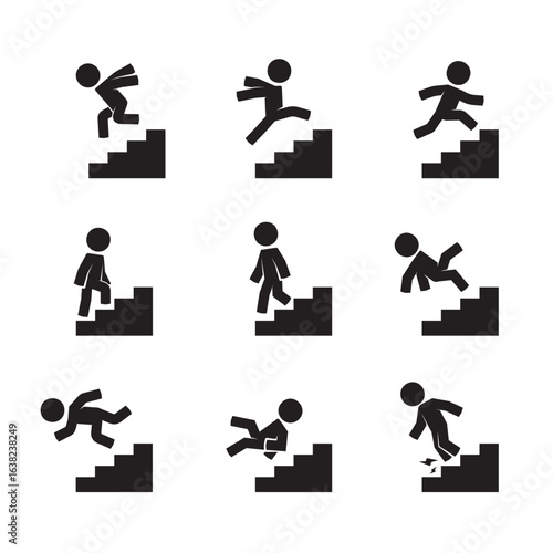 Stickman Poses Interacting with a Staircase. Various pose of Stick Figure. Vector Illustration