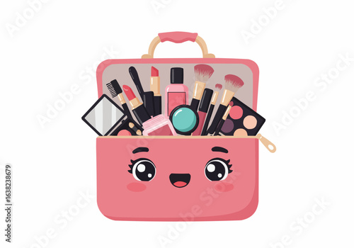 Pink makeup bag with a cute face, filled with various cosmetics, brushes, and a mirror, against a white background.