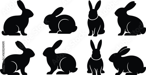Rabbit silhouettes set, black bunny poses, sitting and crouching rabbits, side and front views, isolated animals, vector clipart, pet design, printable art, graphic elements.