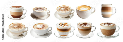 Assorted coffee drinks in clear and ceramic cups with foam art. Cappuccinos, lattes, and macchiatos topped with cocoa or cream. Isolated hot beverages in elegant presentation on white background.