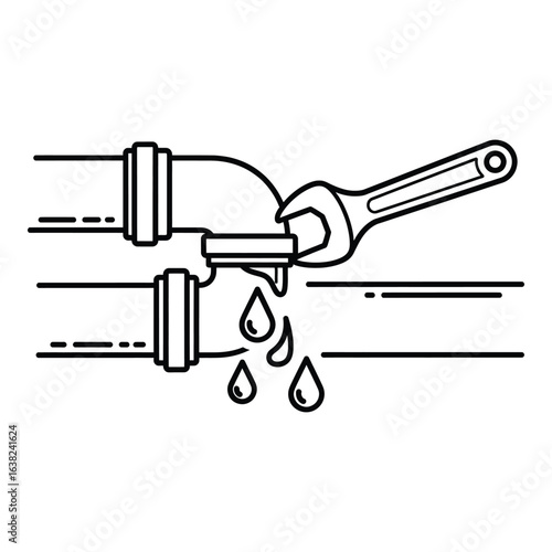 Line art illustration of a leaking pipe being fixed with a wrench plumbing maintenance and repair services concept for household needs