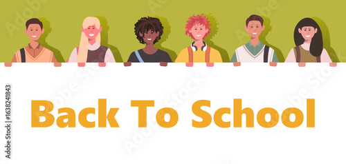 Group of kids with a white board isolated in grean background. Schoolchildren with a holds a banner with the inscription Back to school. Vector Not AI generated