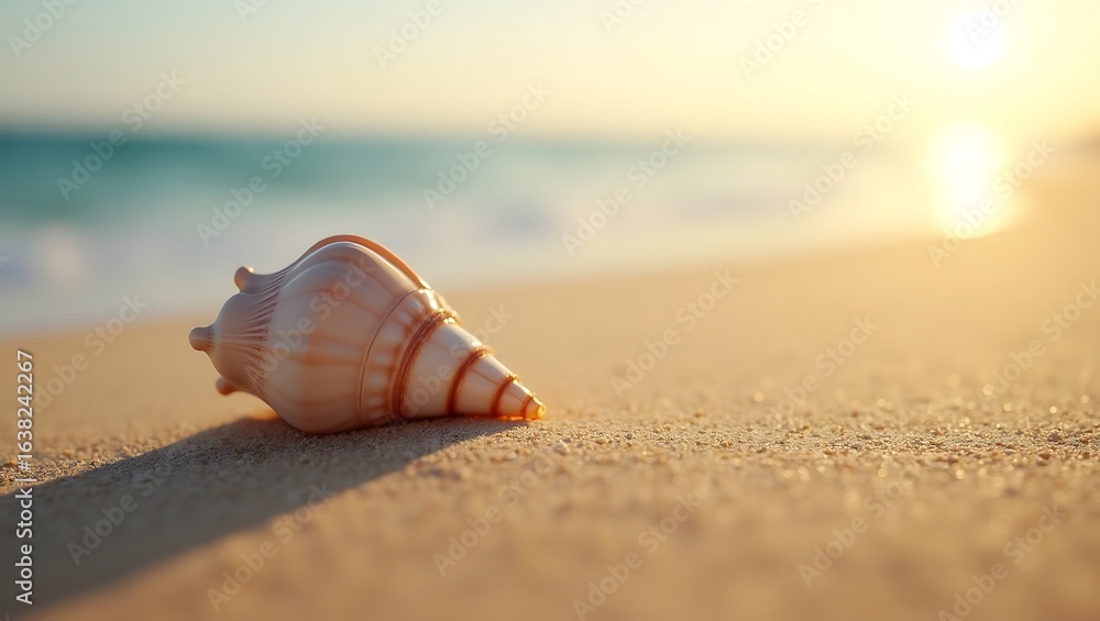 Obraz premium Seashell on sandy beach at sunset with ocean waves