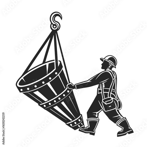 Monochrome illustration of a construction worker guiding a large debris chute suspended from a crane hook.