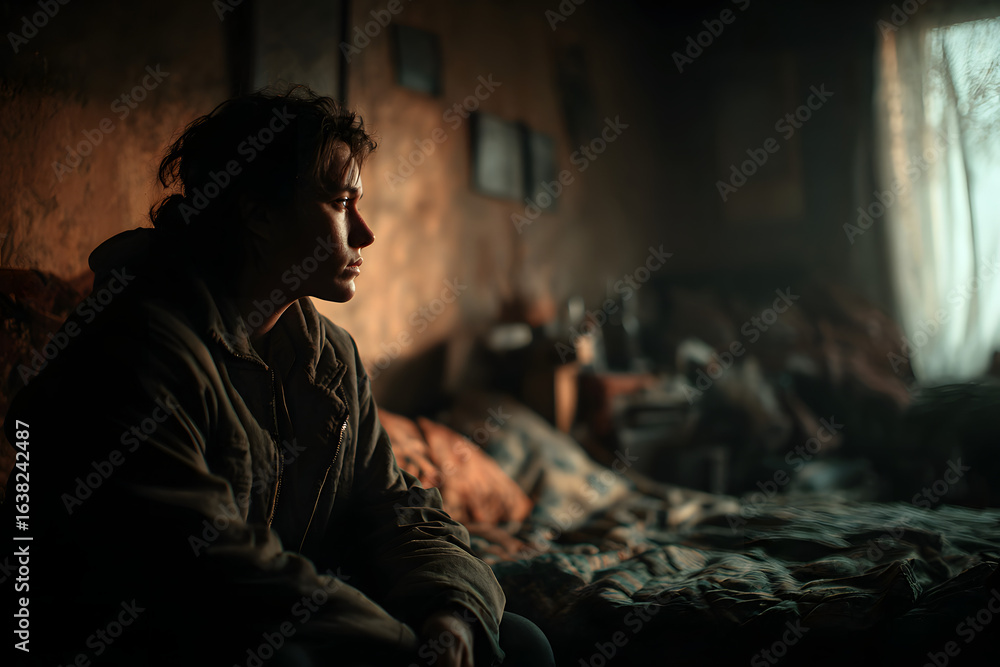 Obraz premium Junkie sitting on the bed, withdrawal symptom