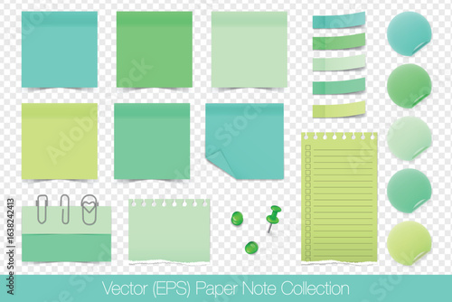 Realistic sticky paper note set, blank templates isolated on transparent background. Aesthetic green paper mockup, post note stickers, sticky paper tapes, round stickers, paper clips and push pins