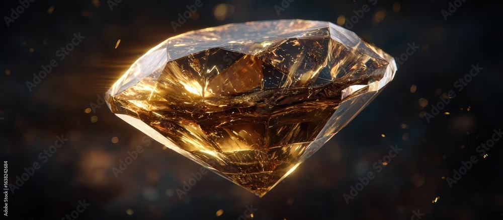 Obraz premium Glowing amber gemstone, facets catching light against a dark, smoky background with golden sparks