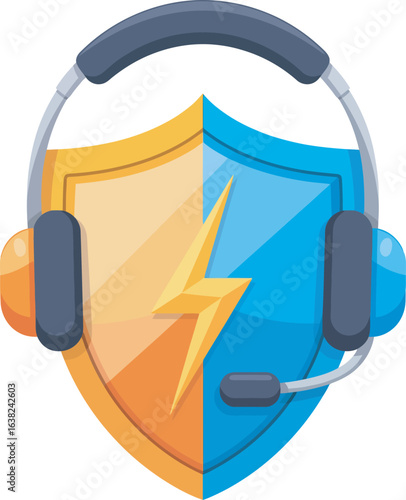 A modern headset with a microphone wrapped around a two-tone orange and blue shield featuring a central yellow lightning bolt symbol.