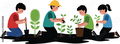 Vector illustration of children planting trees and caring for the environment, working together as a community to protect nature and promote ecological awareness for a sustainable future.
