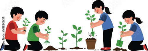 Vector illustration of children planting trees, symbolizing the importance of youth involvement in environmental conservation and fostering a greener, more sustainable world for future generations.
