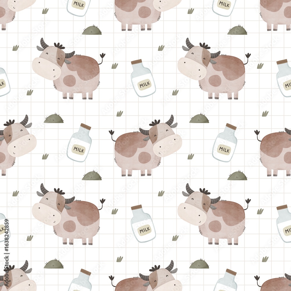 Obraz premium Seamless pattern with cartoon cows. Flat colorful vector for kids. hand drawing. animals. baby design for fabric, textile, wrapper, print