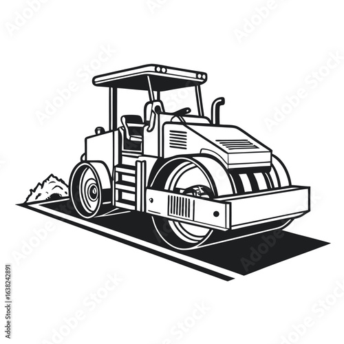 Road roller asphalt paver machine silhouette. Black and white vector graphic icon for heavy construction and roadwork industry.