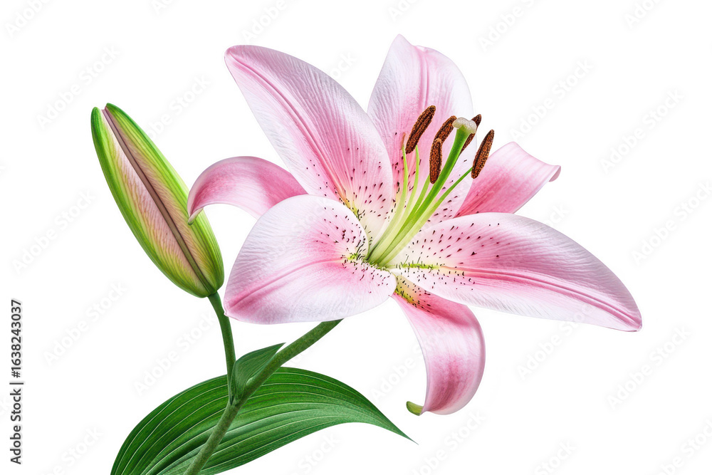 Fototapeta premium A delicate pink lily bloom with a budding stem and vibrant green leaves presented isolated on transparent background
