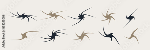 Set of spiky stars. Abstract star shapes with elongated curved spikes in black and beige, minimalist decorative design on light background. Vector
