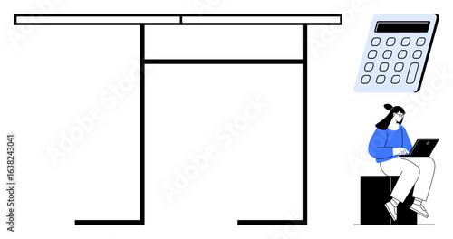 Linear desk, large calculator, and seated woman working on laptop emphasize focus, calculation, study, organization, financial management, work and education. Ideal for productivity modern