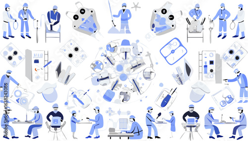 Illustration showing a group of workers in various roles and tools on a white background design style silhouette