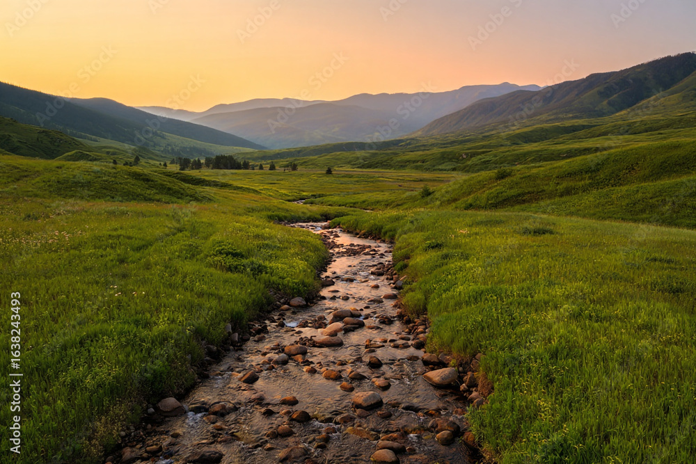Fototapeta premium A tranquil mountain stream winds through a vibrant green meadow at sunrise.