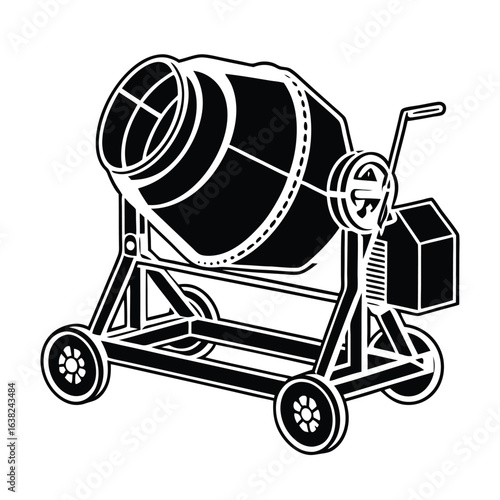 Silhouette of a black concrete mixer machine, an industrial construction equipment vector illustration.