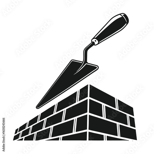 Vector graphic of a masonry trowel over a newly constructed brick wall. Building and construction industry concept.