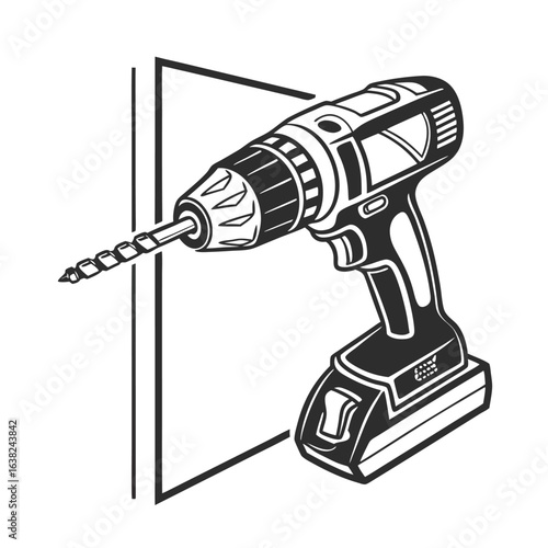 Silhouette of a cordless drill instrument for drywall installation. Black and white vector icon for construction.