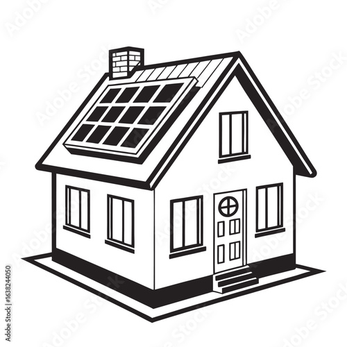 Silhouette illustration of a house with a rooftop solar panel grid. Renewable energy concept for a sustainable home.