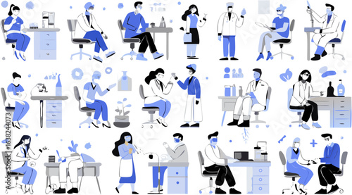 Illustration of various medical professionals and patients in different medical settings and interactions silhouette