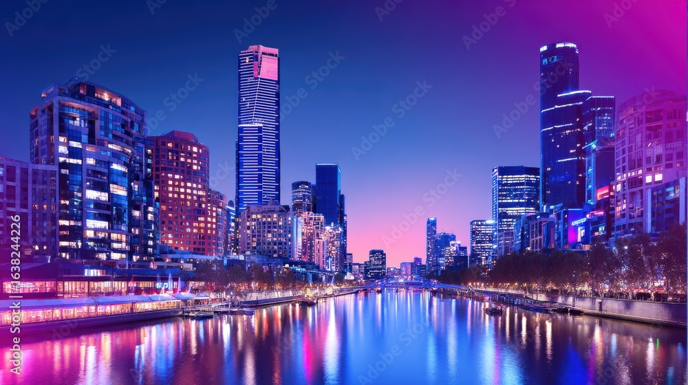 Fototapeta premium Vibrant city skyline at dusk reflecting on the river with illuminated buildings and serene atmosphere