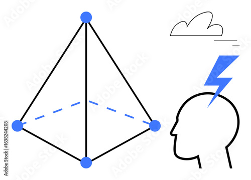 Geometric pyramid with highlighted vertices alongside a human head struck by a lightning bolt. Ideal for creativity, brainstorming, innovation, problem-solving, conceptual thinking, strategy, simple
