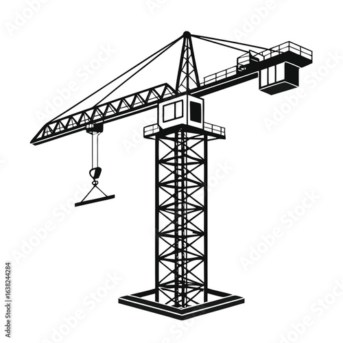 Silhouette of a multi-storey tower crane system used for building construction, black vector illustration isolated on white