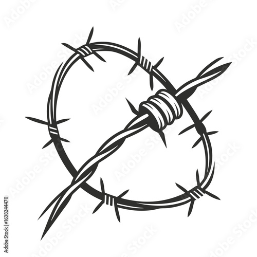 Monochrome illustration of a barbed wire ring, a graphic emblem symbolizing confinement, danger, and prohibition.