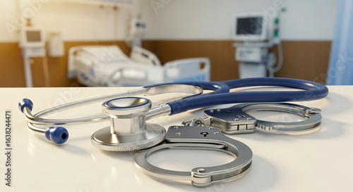 Doctor's stethoscope with metal handcuffs on white table in hospital room with medical equipment