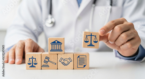 Doctor arranging wooden blocks with legal symbols, focusing on healthcare compliance and ethical practice.