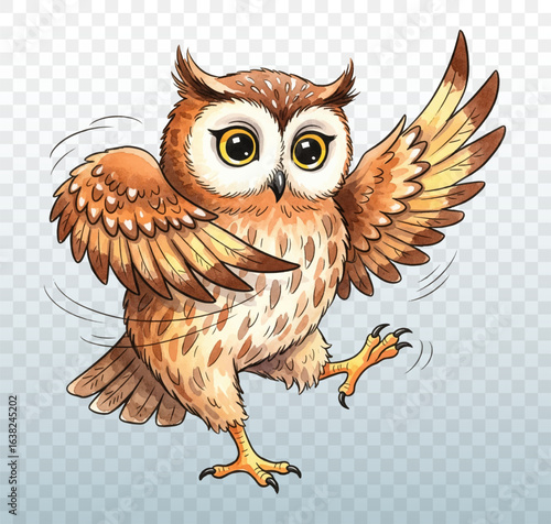 Owl with large expressive eyes and ruffled brown feathers, dancing with one wing raised and one leg lifted.