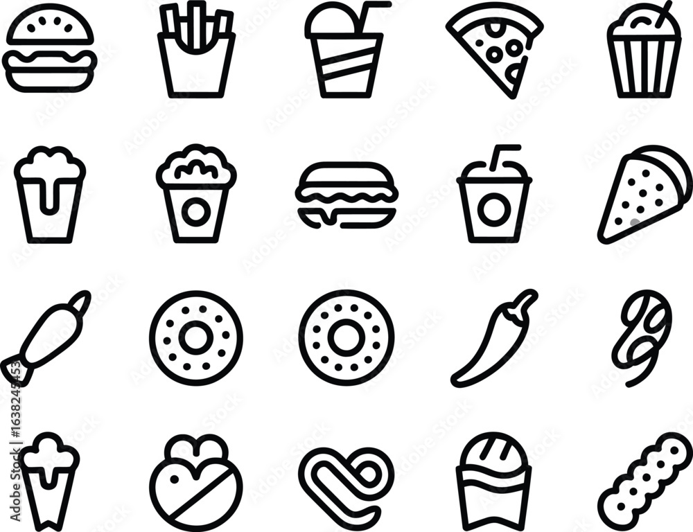 Collection of popular fast food and snack icons in a clean line art style