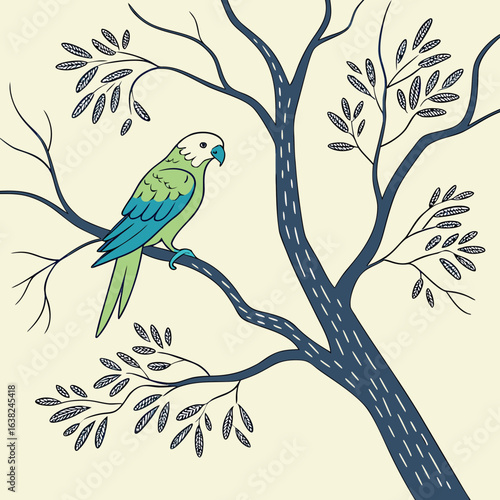 Parrot on Tree Branch: A vibrantly illustrated parrot perches elegantly on a stylized tree branch, its colorful plumage harmonizing with the natural, whimsical setting.