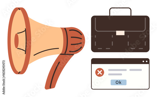 Megaphone, brown briefcase, and error message window representing communication breakdown, work challenges, or failed tasks. Ideal for business planning, crisis management, workplace issues