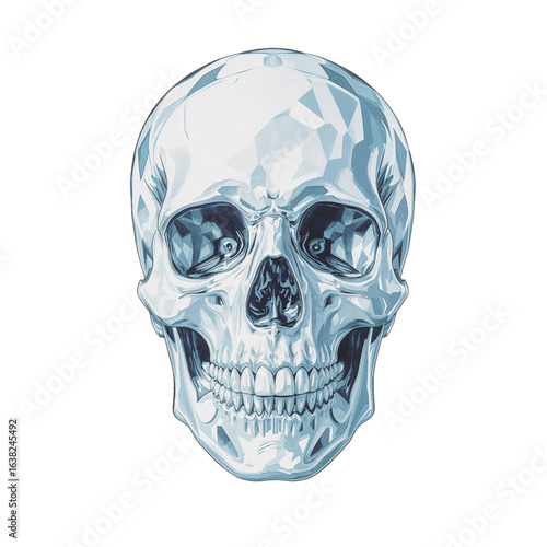 Realistic detailed watercolor painting of a human skull with icy blue tones isolated on transparent background