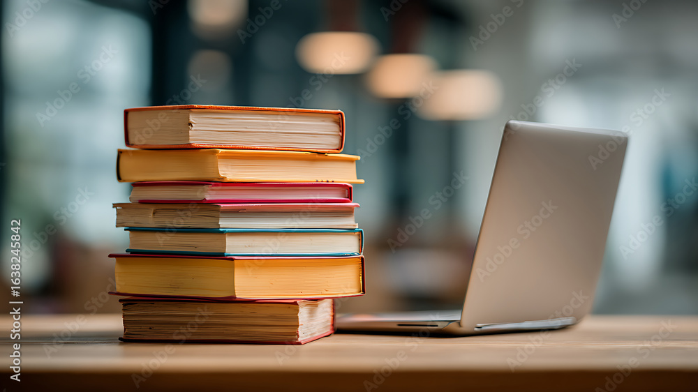 Fototapeta premium Stack of colorful books with laptop on wooden desk in blurred background.